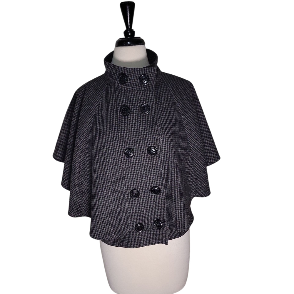 NWOT Double Zero Black and Gray Houndstooth Wool Blend Cape SZ M❄️